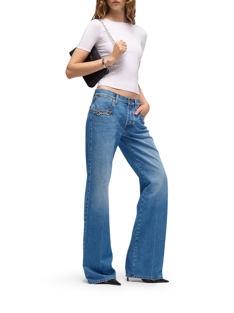 Gucci Women Cotton Denim Bootcut Trousers With Horsebit Detail GUCCI