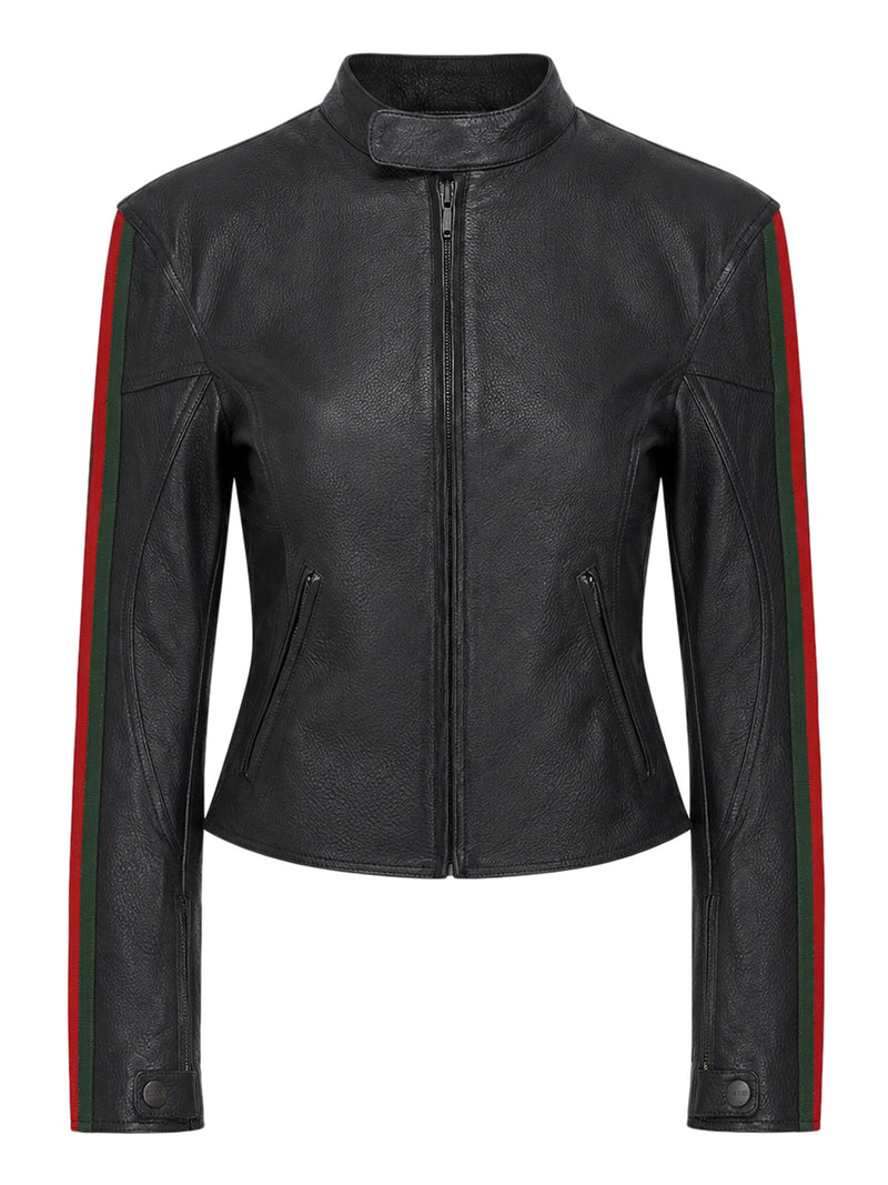 Gucci Women Leather Biker Jacket With Web Stripe GUCCI
