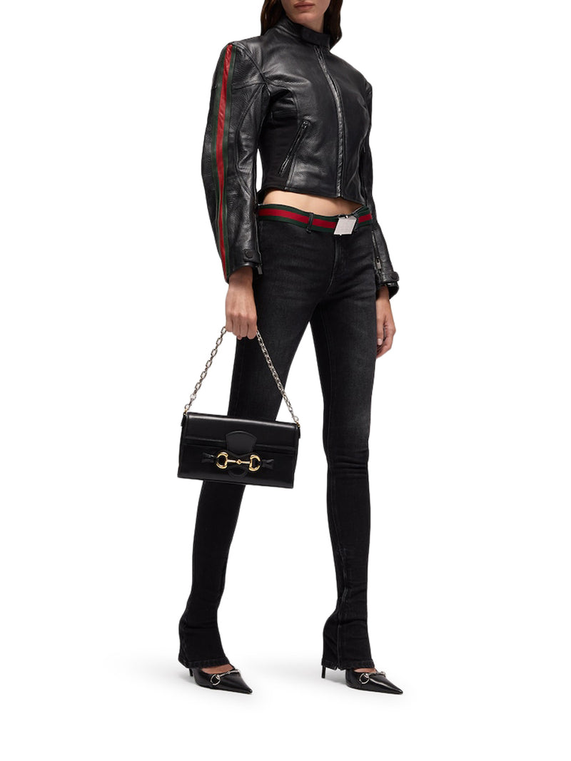Gucci Women Leather Biker Jacket With Web Stripe GUCCI