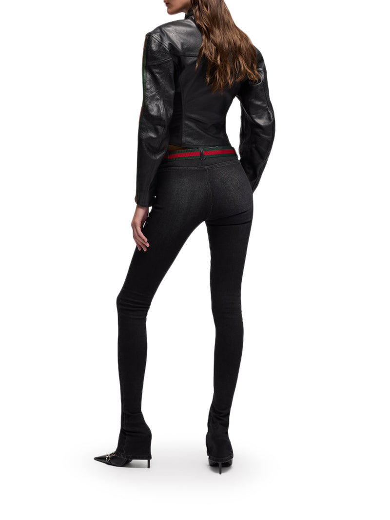 Gucci Women Leather Biker Jacket With Web Stripe GUCCI