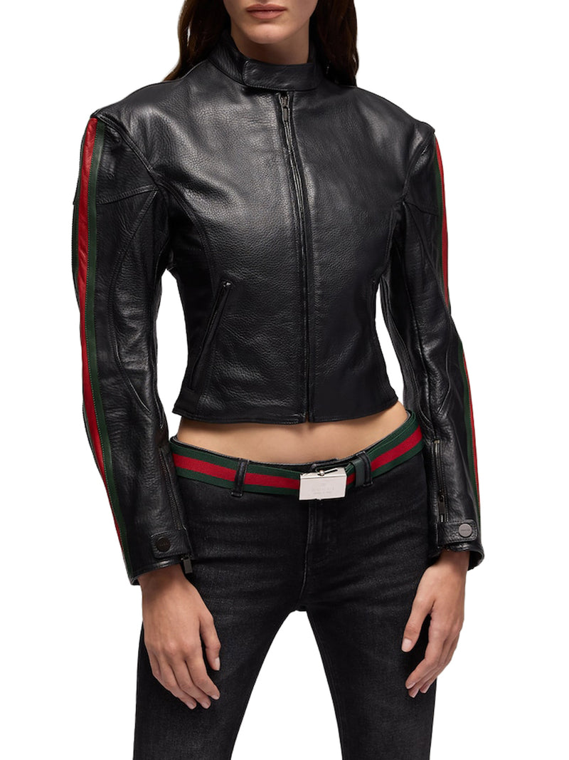 Gucci Women Leather Biker Jacket With Web Stripe GUCCI