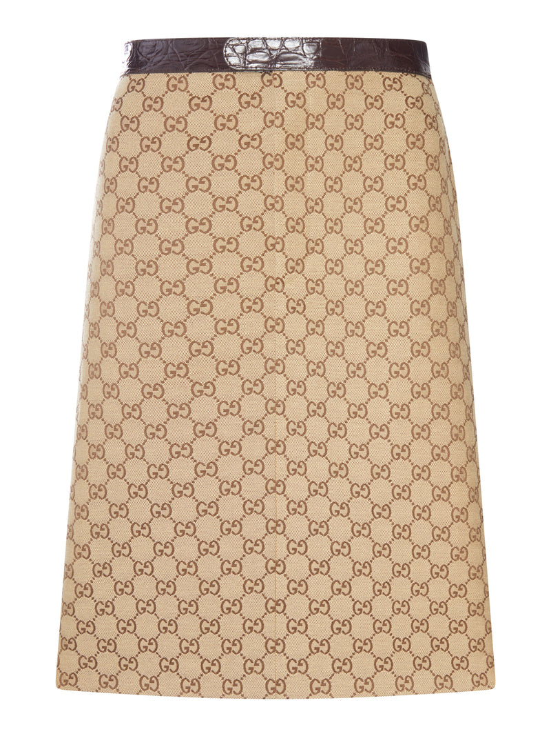 Gucci Women Gg Canvas Midi Skirt With Caiman Leather Inserts GUCCI