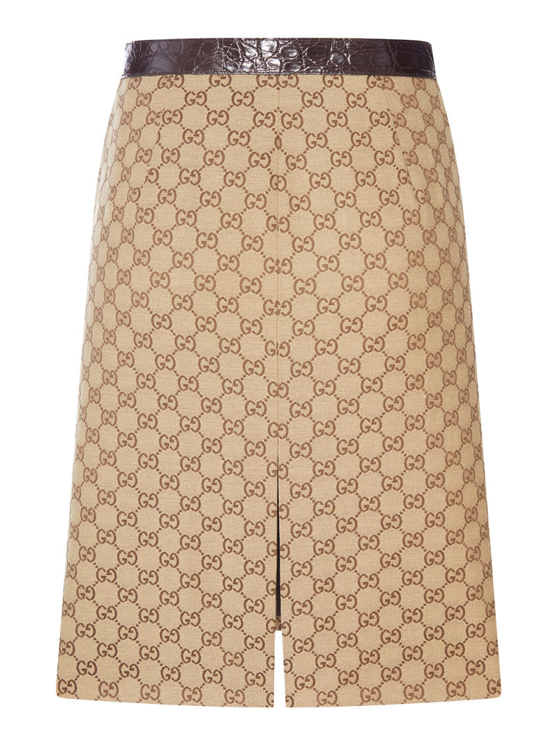 Gucci Women Gg Canvas Midi Skirt With Caiman Leather Inserts GUCCI
