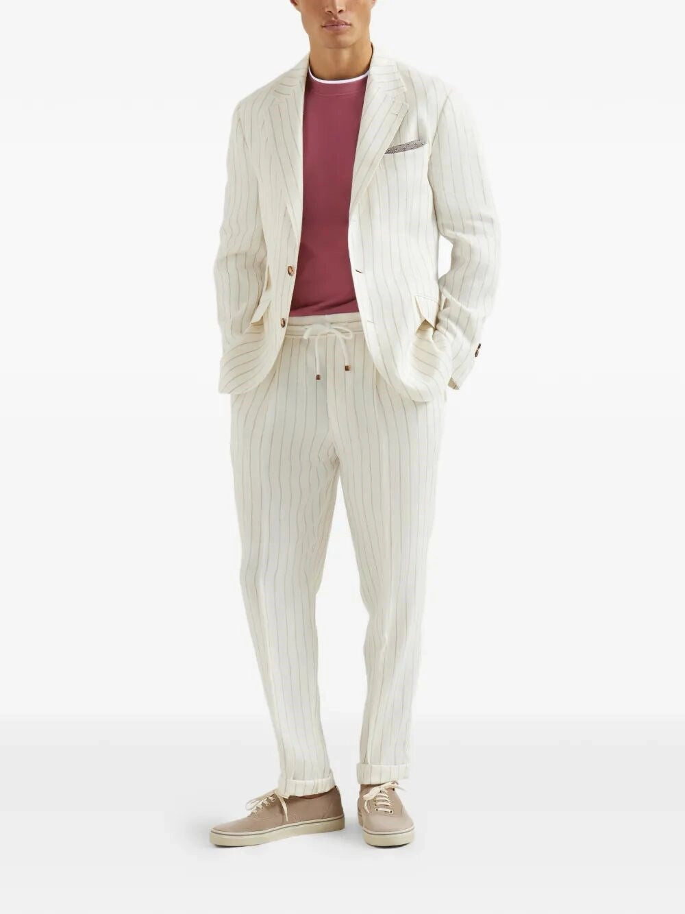 Brunello Cucinelli Men Stripe Linen Pants With Drawstring And Double Pleats BRUNELLO CUCINELLI