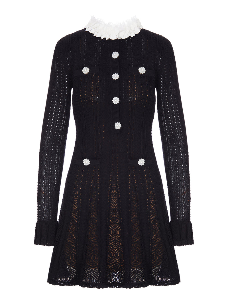 Self-Portrait Women Short Dress In Openwork Knit With Floral Collar And Jewel Buttons SELF-PORTRAIT