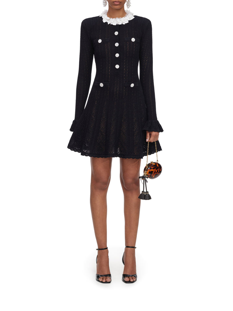 Self-Portrait Women Short Dress In Openwork Knit With Floral Collar And Jewel Buttons SELF-PORTRAIT