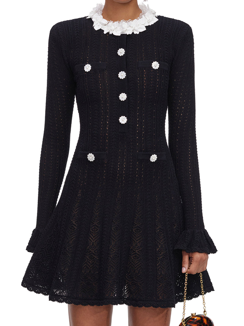 Self-Portrait Women Short Dress In Openwork Knit With Floral Collar And Jewel Buttons SELF-PORTRAIT