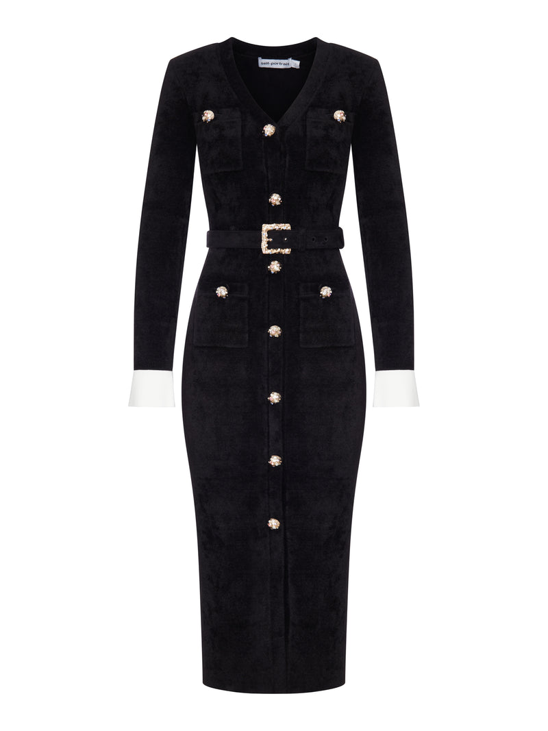 Self-Portrait Women Velvet Midi Dress With Jewel Buttons And Belt SELF-PORTRAIT