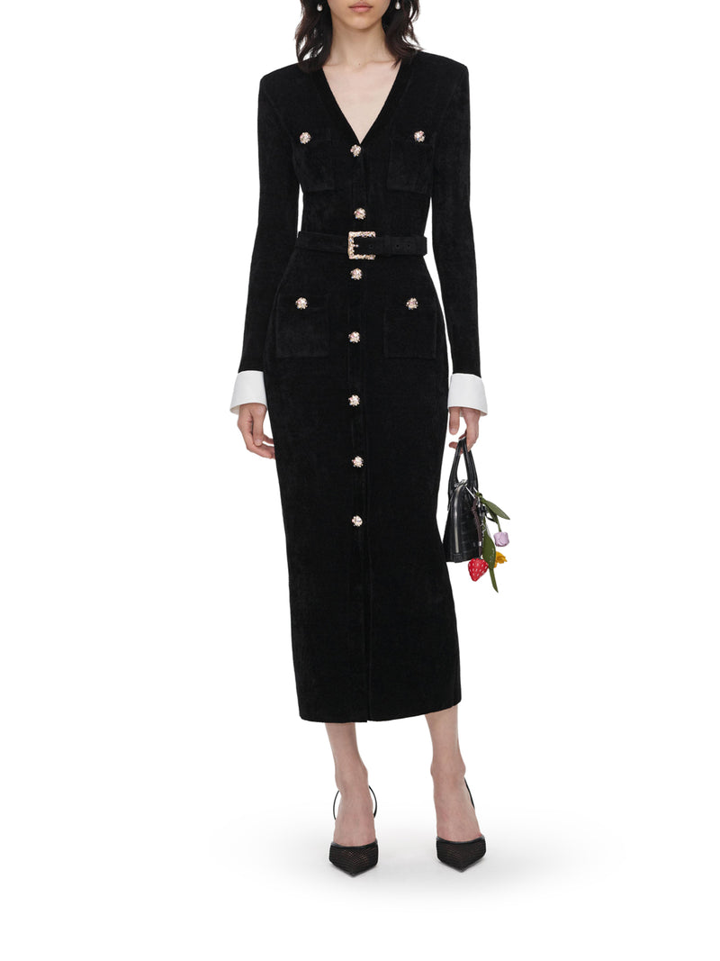Self-Portrait Women Velvet Midi Dress With Jewel Buttons And Belt SELF-PORTRAIT