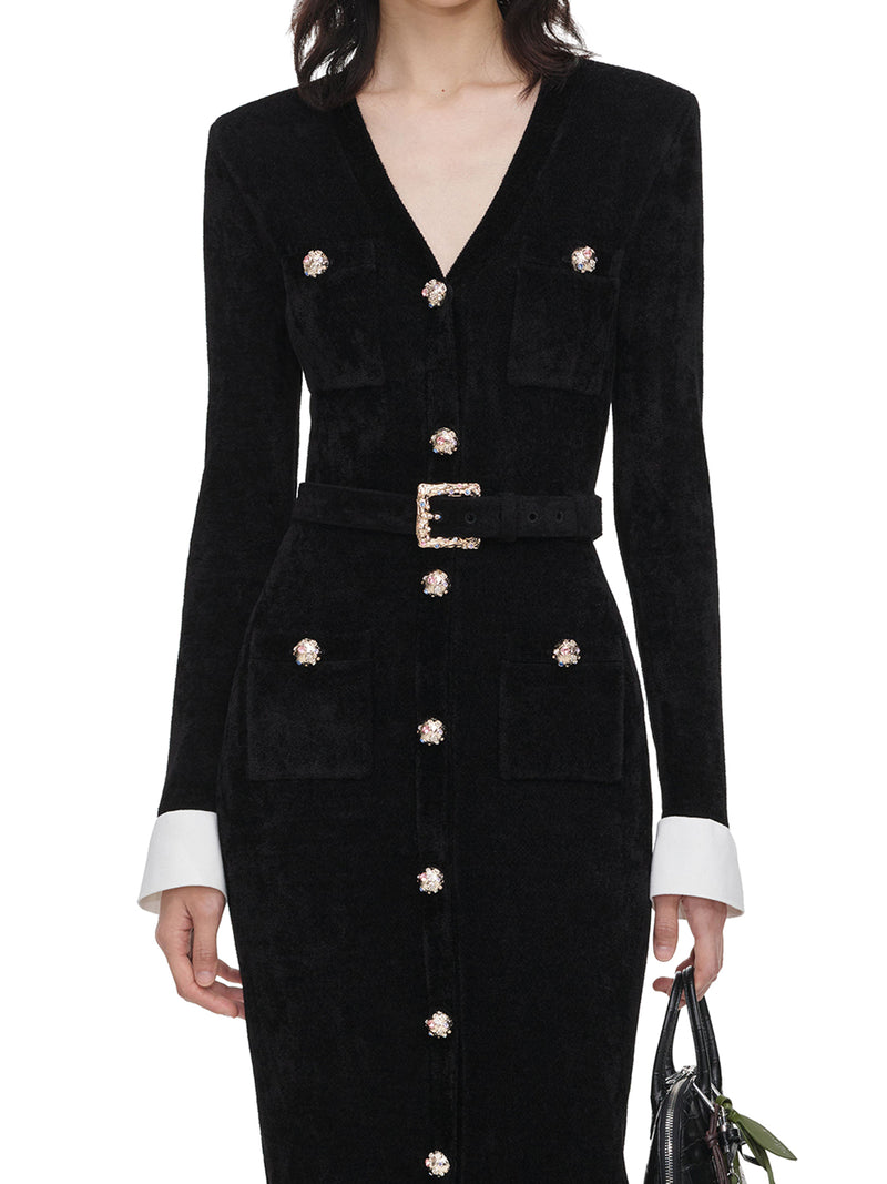 Self-Portrait Women Velvet Midi Dress With Jewel Buttons And Belt SELF-PORTRAIT