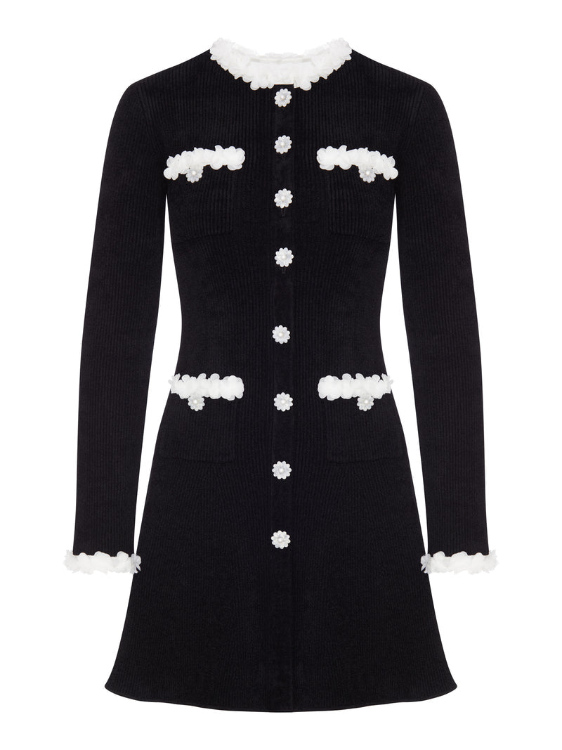 Self-Portrait Women Short Ribbed Knit Dress With Floral Profiles And Jewel Buttons SELF-PORTRAIT