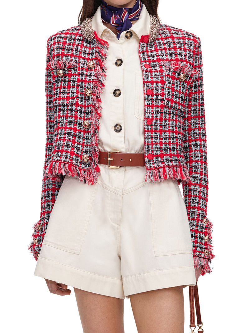 Self-Portrait Women Multicolor Tweed Short Jacket With Jewel Collar SELF-PORTRAIT