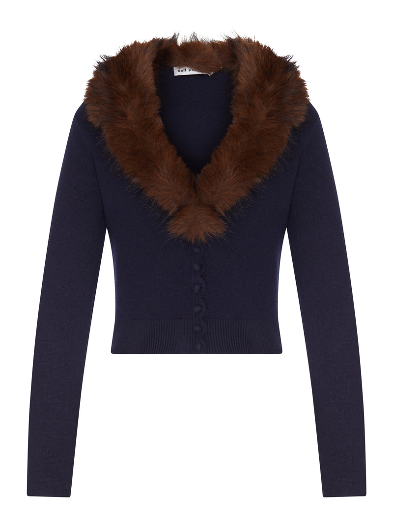 Self-Portrait Women Short Knit Cardigan With Faux Fur Collar SELF-PORTRAIT