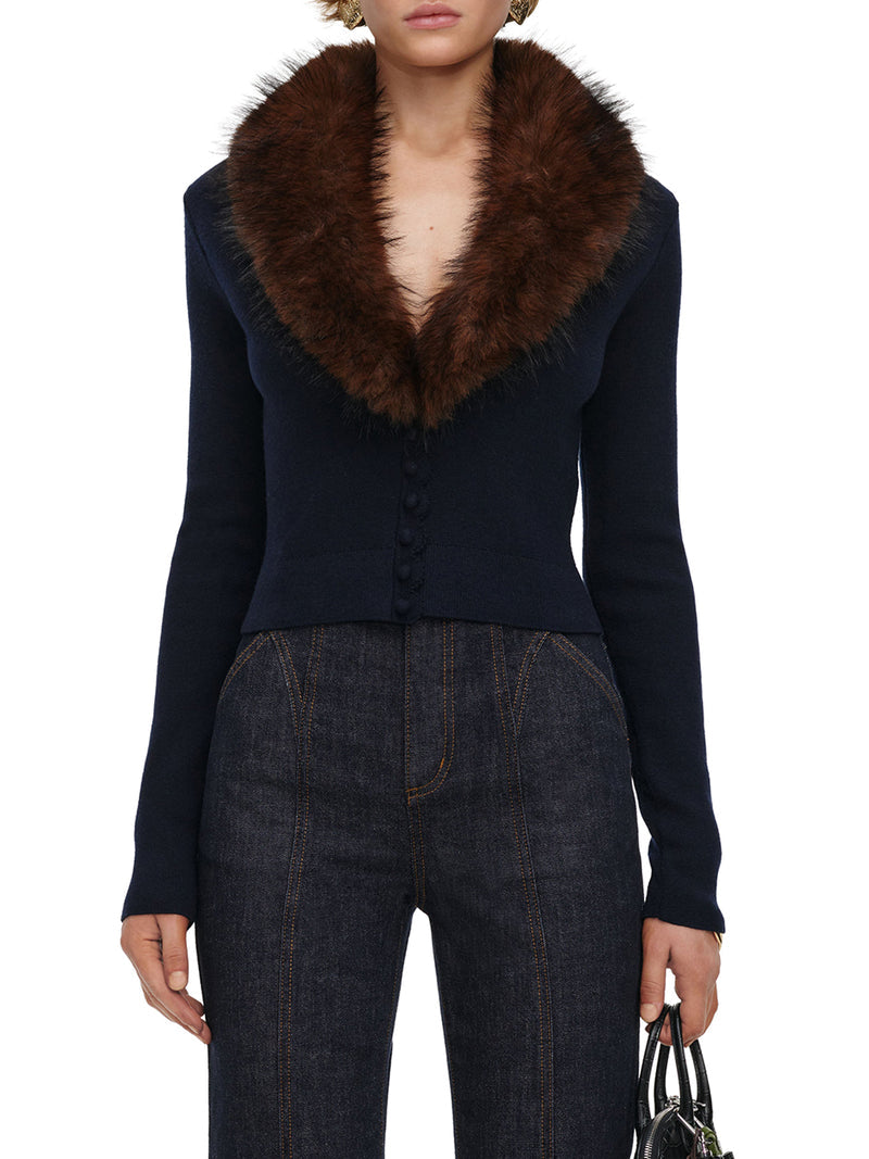 Self-Portrait Women Short Knit Cardigan With Faux Fur Collar SELF-PORTRAIT
