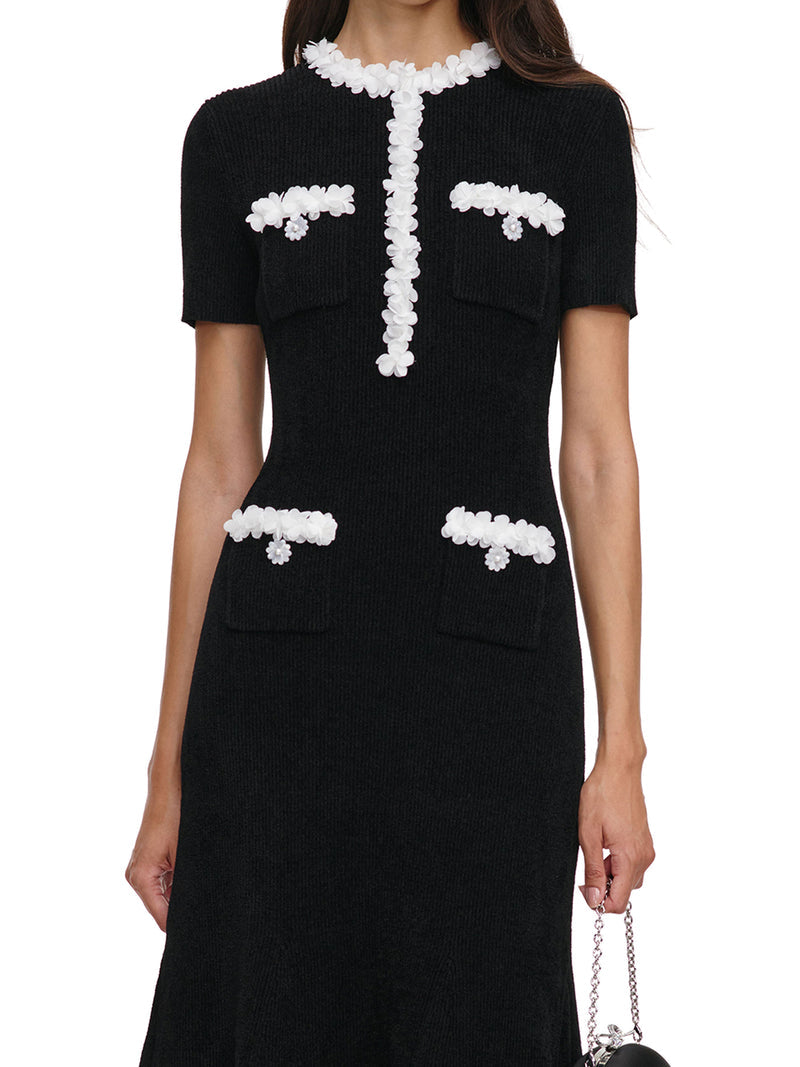 Self-Portrait Women Long Ribbed Knit Dress With Contrasting Floral Profiles SELF-PORTRAIT