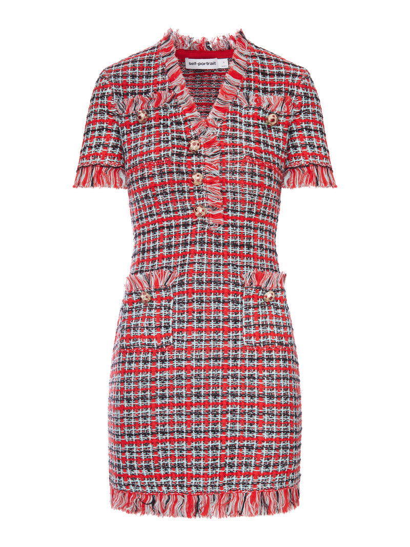 Self-Portrait Women Short Multicolor Tweed Dress With Jewel Buttons And Fringed Edges SELF-PORTRAIT