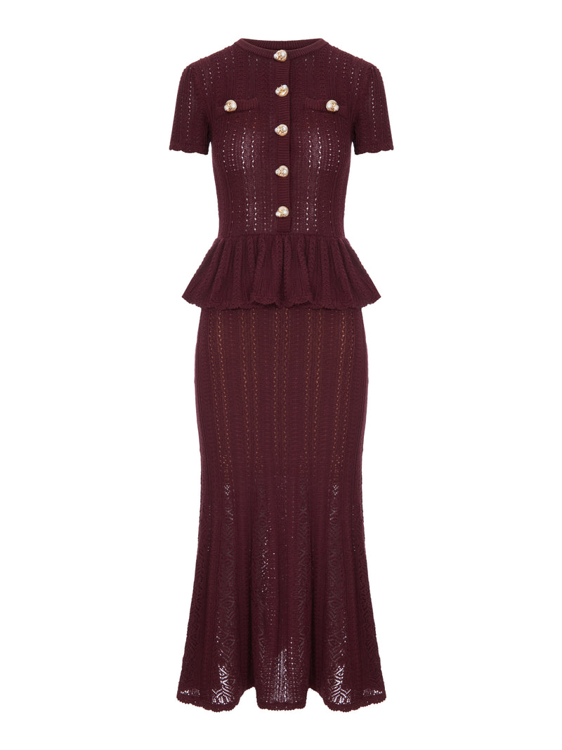 Self-Portrait Women Long Dress In Openwork Knit With Peplum And Jewel Buttons SELF-PORTRAIT