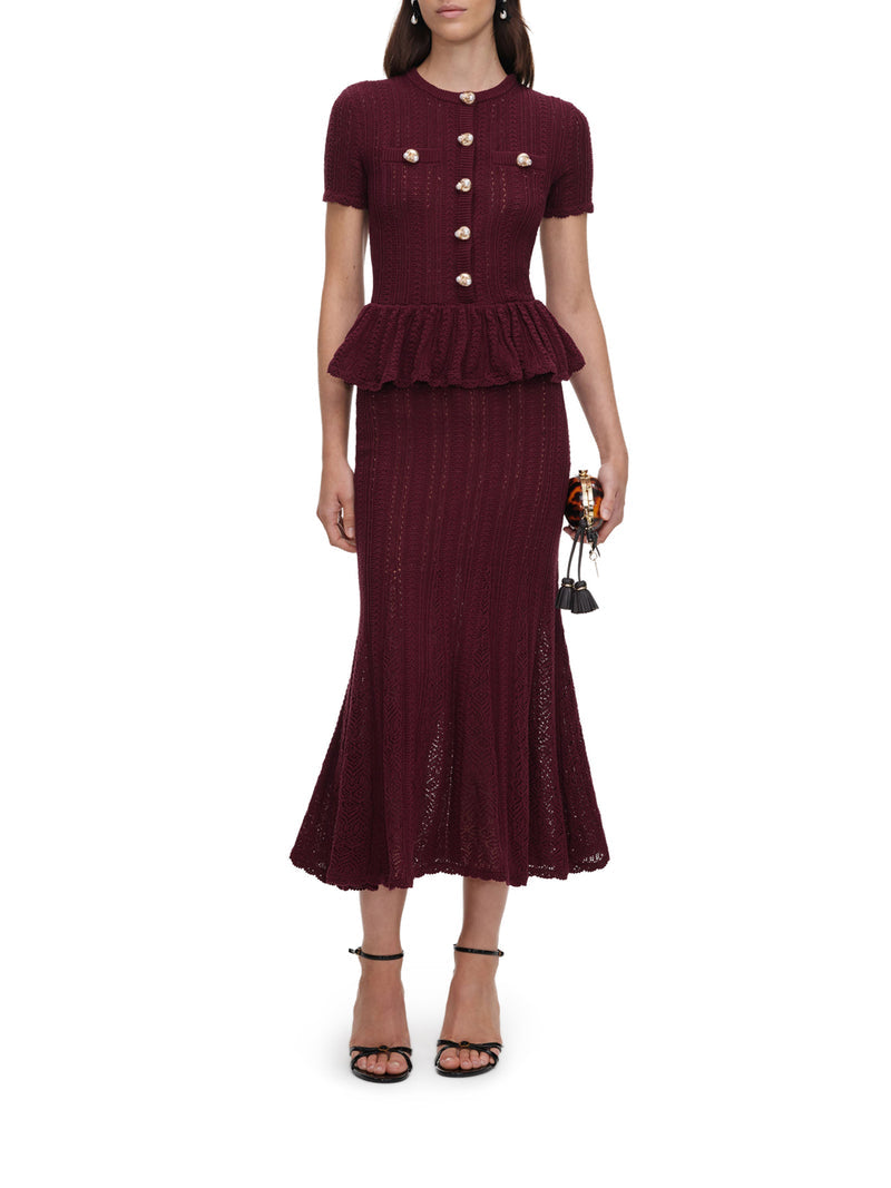 Self-Portrait Women Long Dress In Openwork Knit With Peplum And Jewel Buttons SELF-PORTRAIT