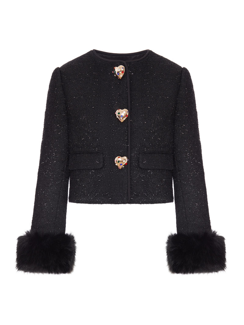 Self-Portrait Women Short Tweed Jacket With Jewel Buttons And Faux Fur Cuffs SELF-PORTRAIT
