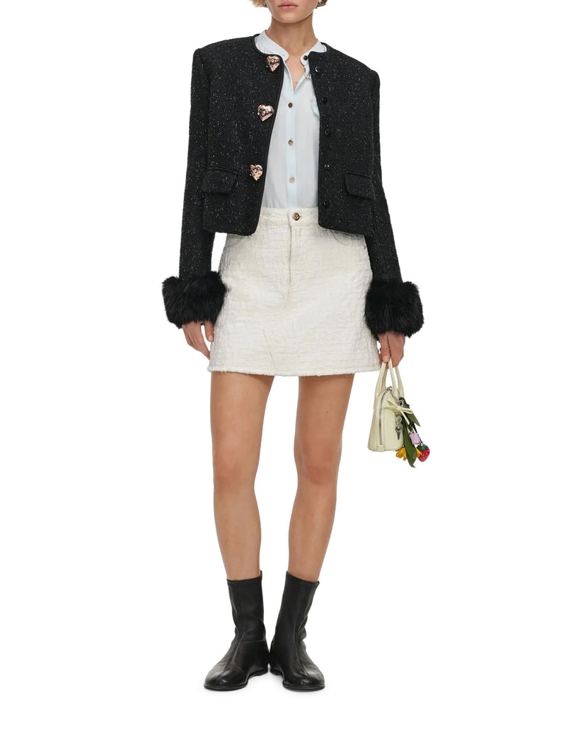 Self-Portrait Women Short Tweed Jacket With Jewel Buttons And Faux Fur Cuffs SELF-PORTRAIT
