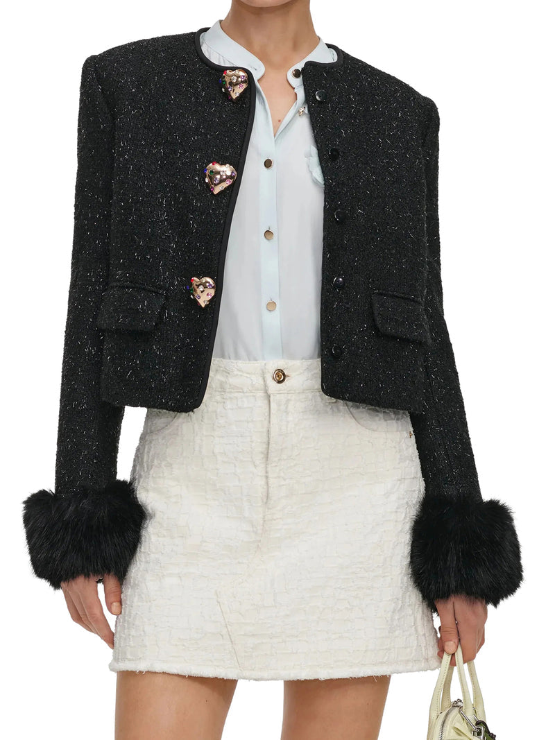 Self-Portrait Women Short Tweed Jacket With Jewel Buttons And Faux Fur Cuffs SELF-PORTRAIT