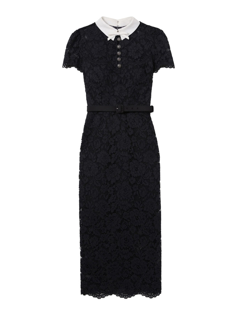 Self-Portrait Women Black Lace Midi Dress With Contrasting Collar SELF-PORTRAIT