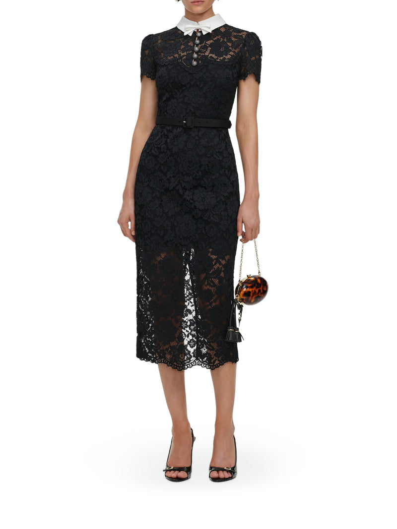 Self-Portrait Women Black Lace Midi Dress With Contrasting Collar SELF-PORTRAIT