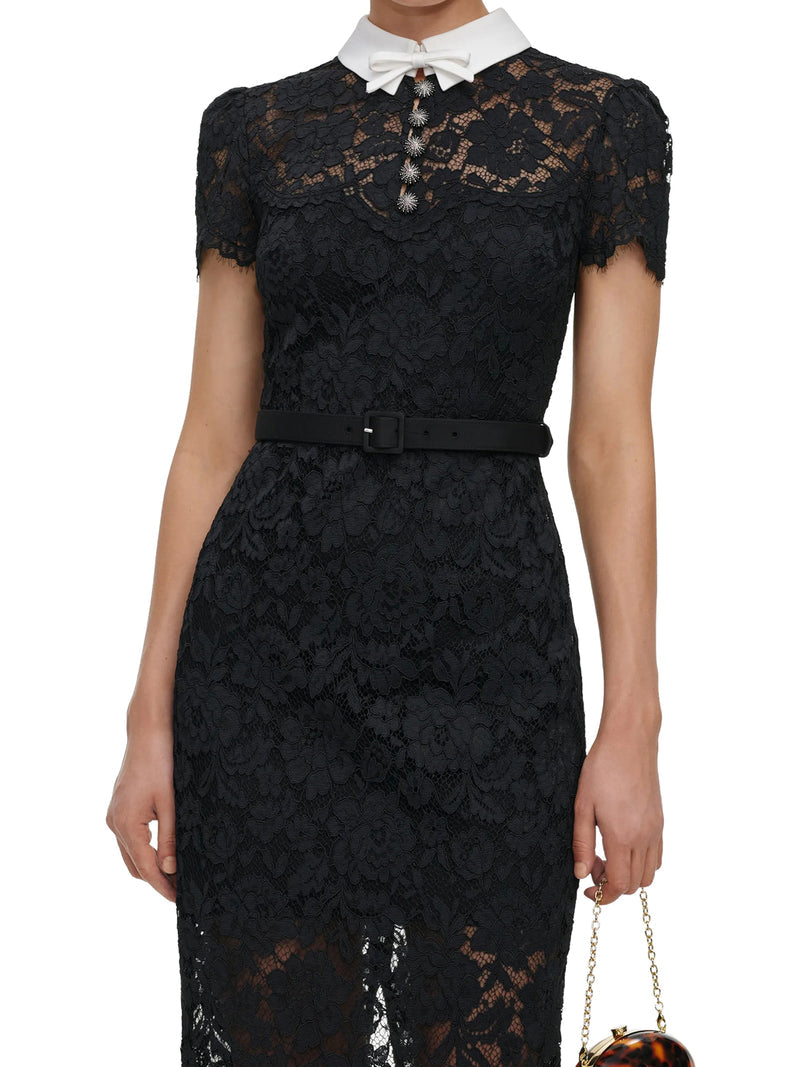 Self-Portrait Women Black Lace Midi Dress With Contrasting Collar SELF-PORTRAIT