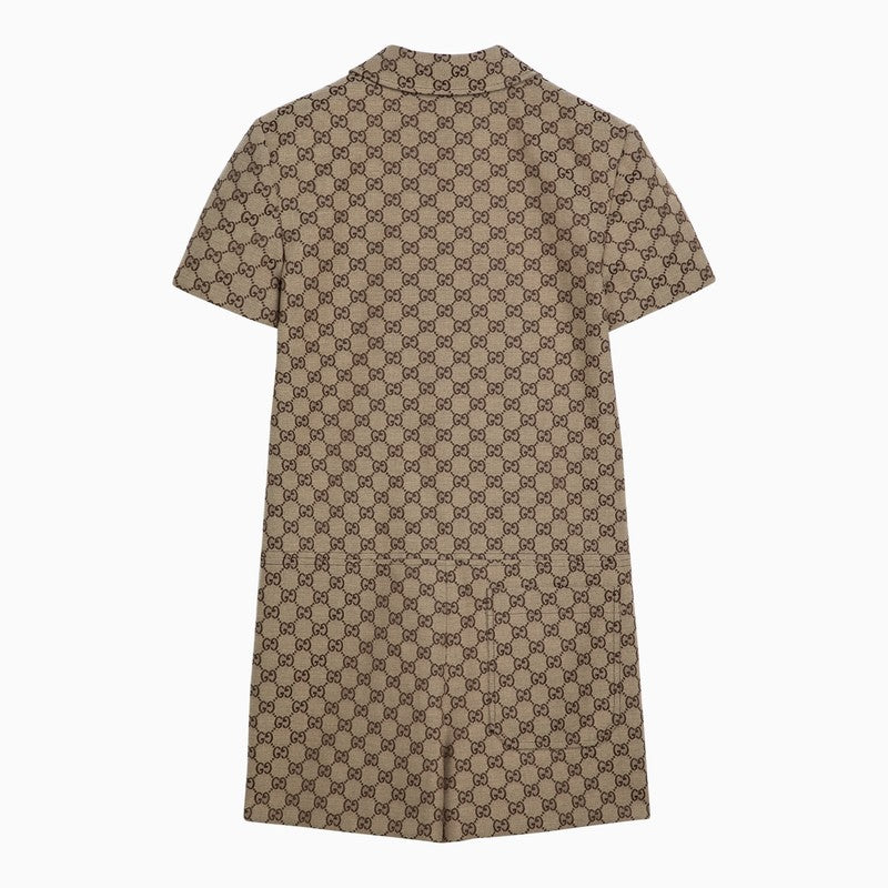 Gucci Short Jumpsuit In Camel Gg Supreme Fabric Women