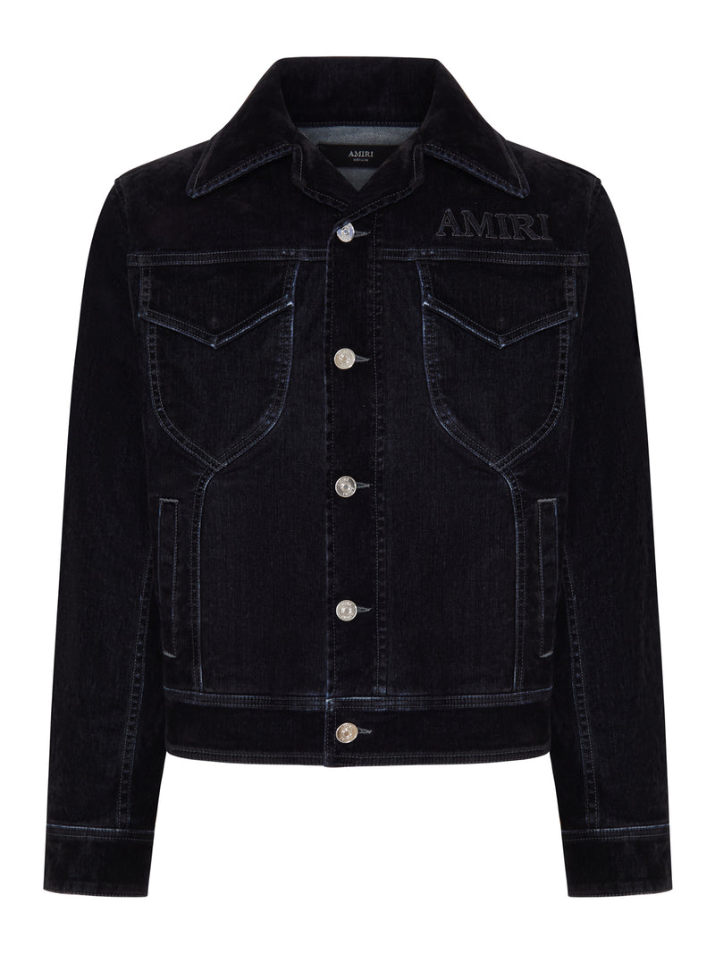 Amiri Men Flocked Denim Jacket With Embroidered Logo And Metal Buttons AMIRI