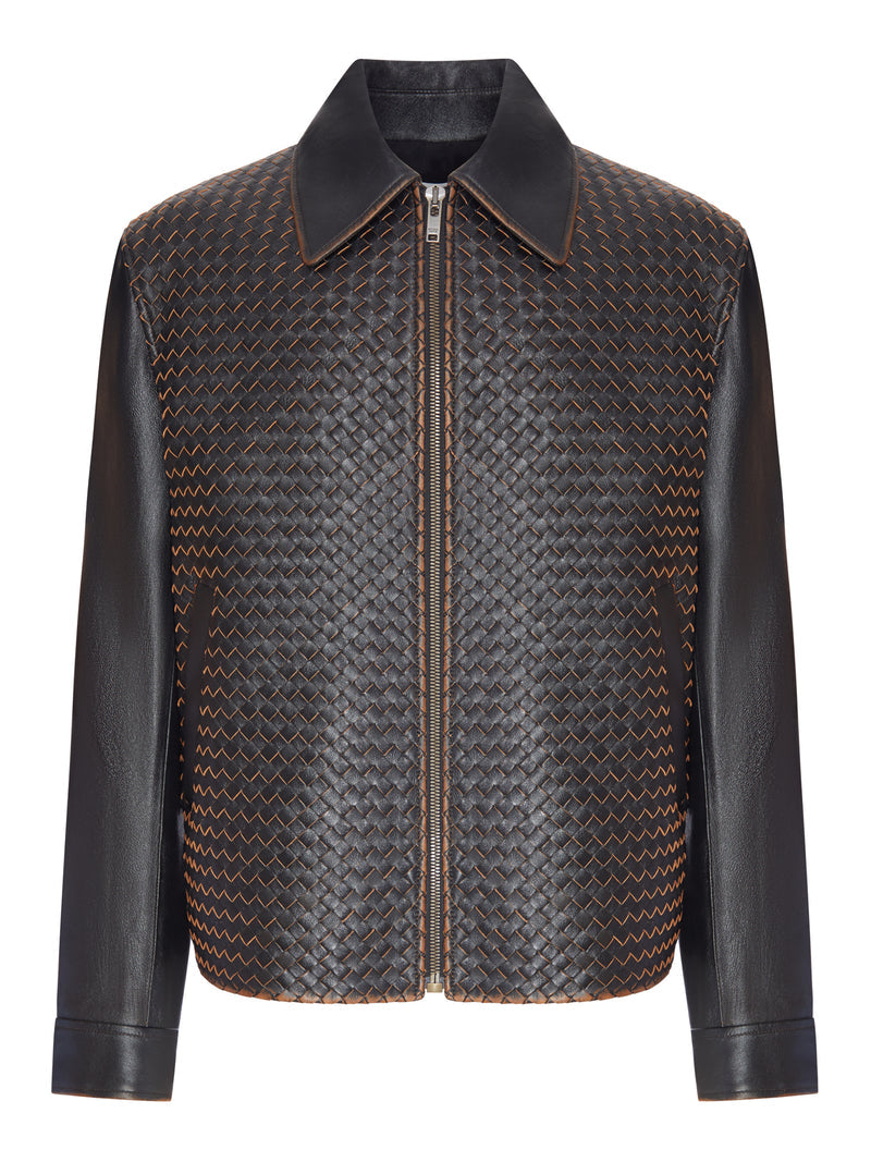 Bottega Veneta Men Woven Leather Jacket With A Vintage Look BOTTEGA VENETA