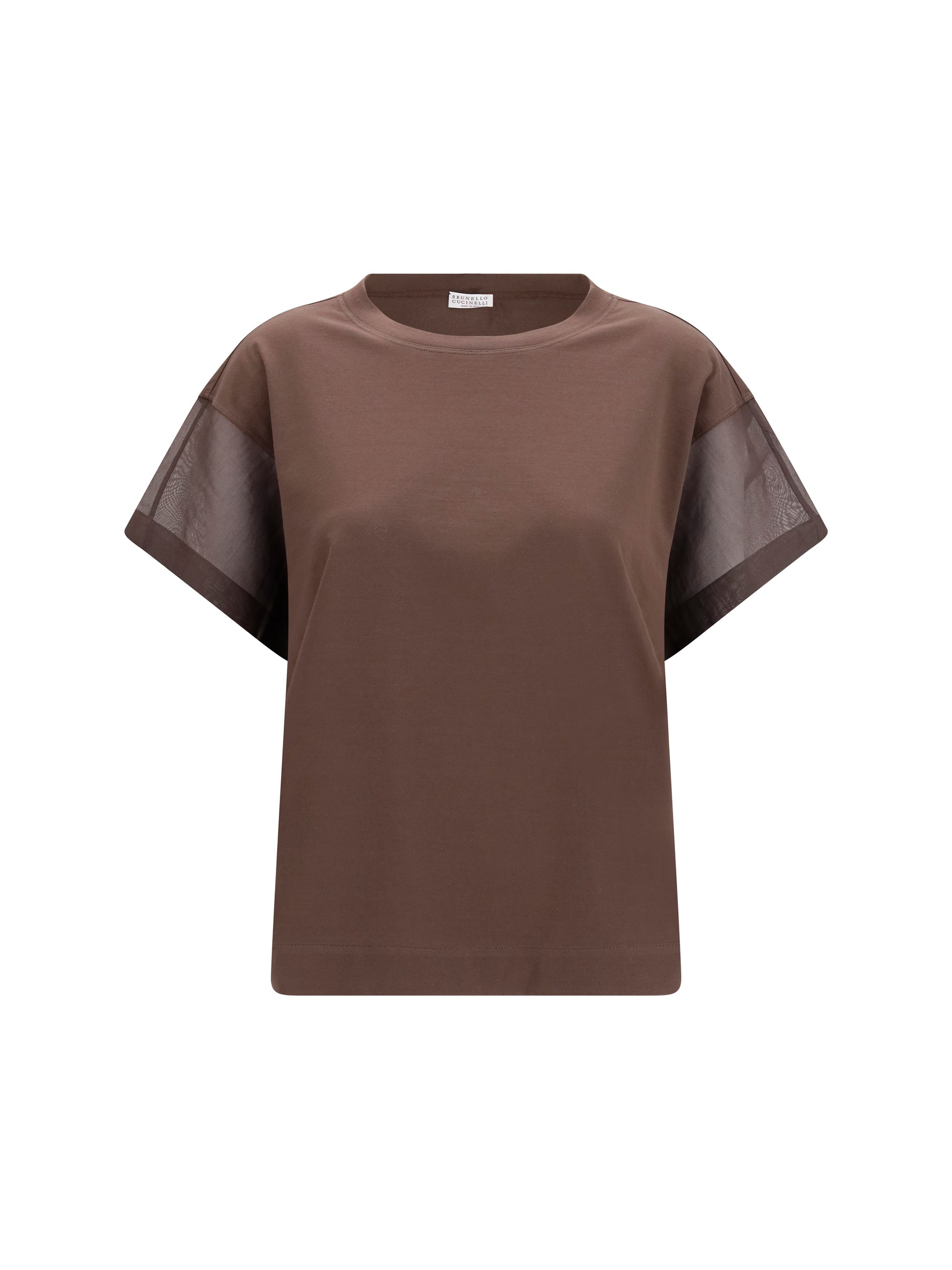 Brunello Cucinelli Women Cotton T-Shirt With Sheer Sleeves And Side Panels BRUNELLO CUCINELLI