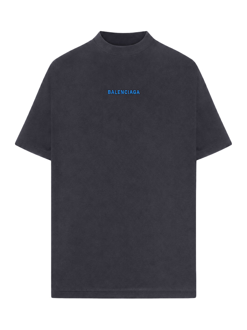 Balenciaga Men Medium Fit Black T-Shirt With Blue Logo BALENCIAGA