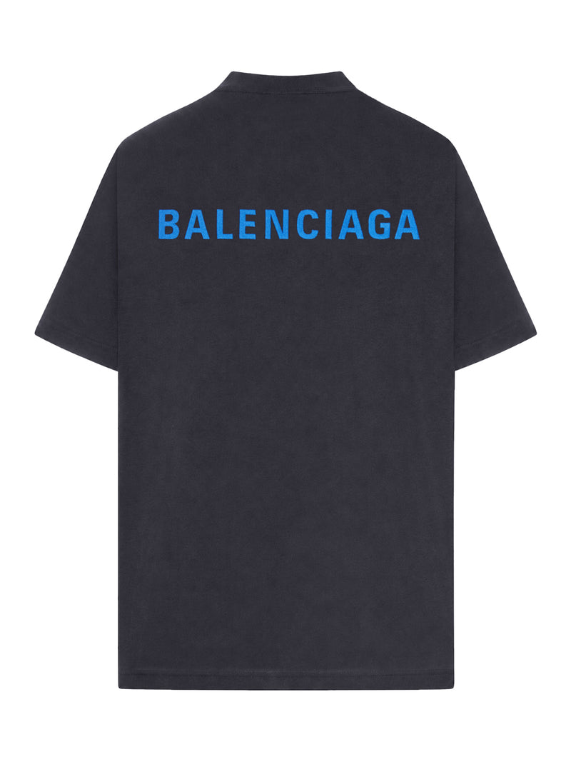 Balenciaga Men Medium Fit Black T-Shirt With Blue Logo BALENCIAGA