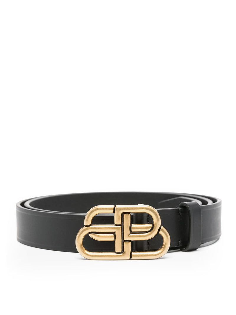 Balenciaga Women Slim Bb Belt In Black Calfskin With Antique Gold-Tone Hardware BALENCIAGA