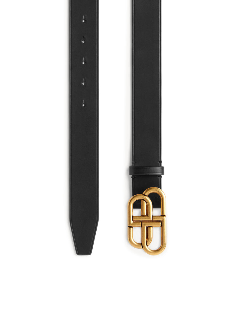 Balenciaga Women Slim Bb Belt In Black Calfskin With Antique Gold-Tone Hardware BALENCIAGA