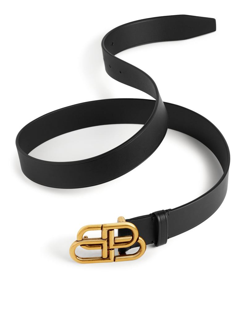 Balenciaga Women Slim Bb Belt In Black Calfskin With Antique Gold-Tone Hardware BALENCIAGA