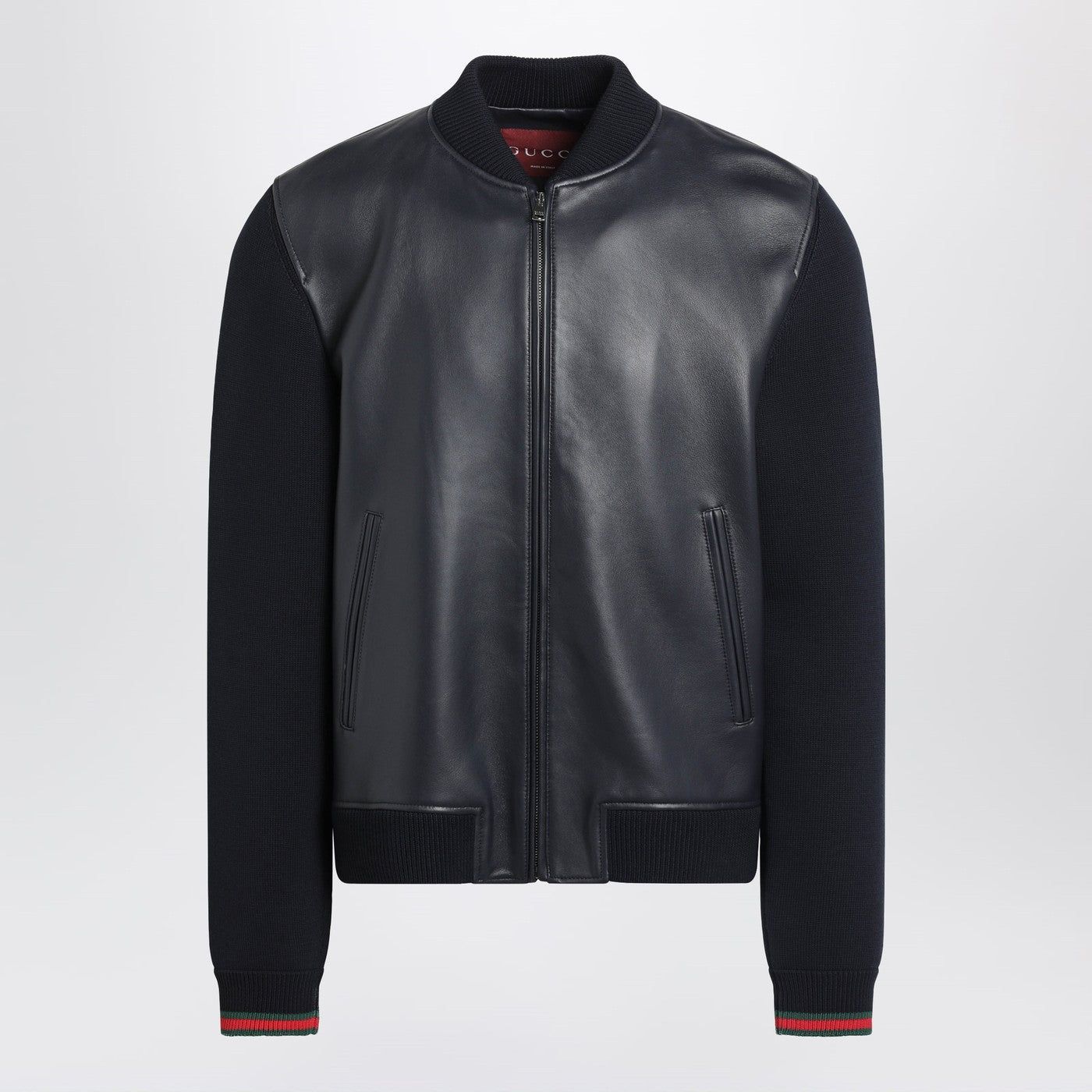 Gucci Navy Blue Nappa Leather And Knit Bomber Jacket Men GUCCI