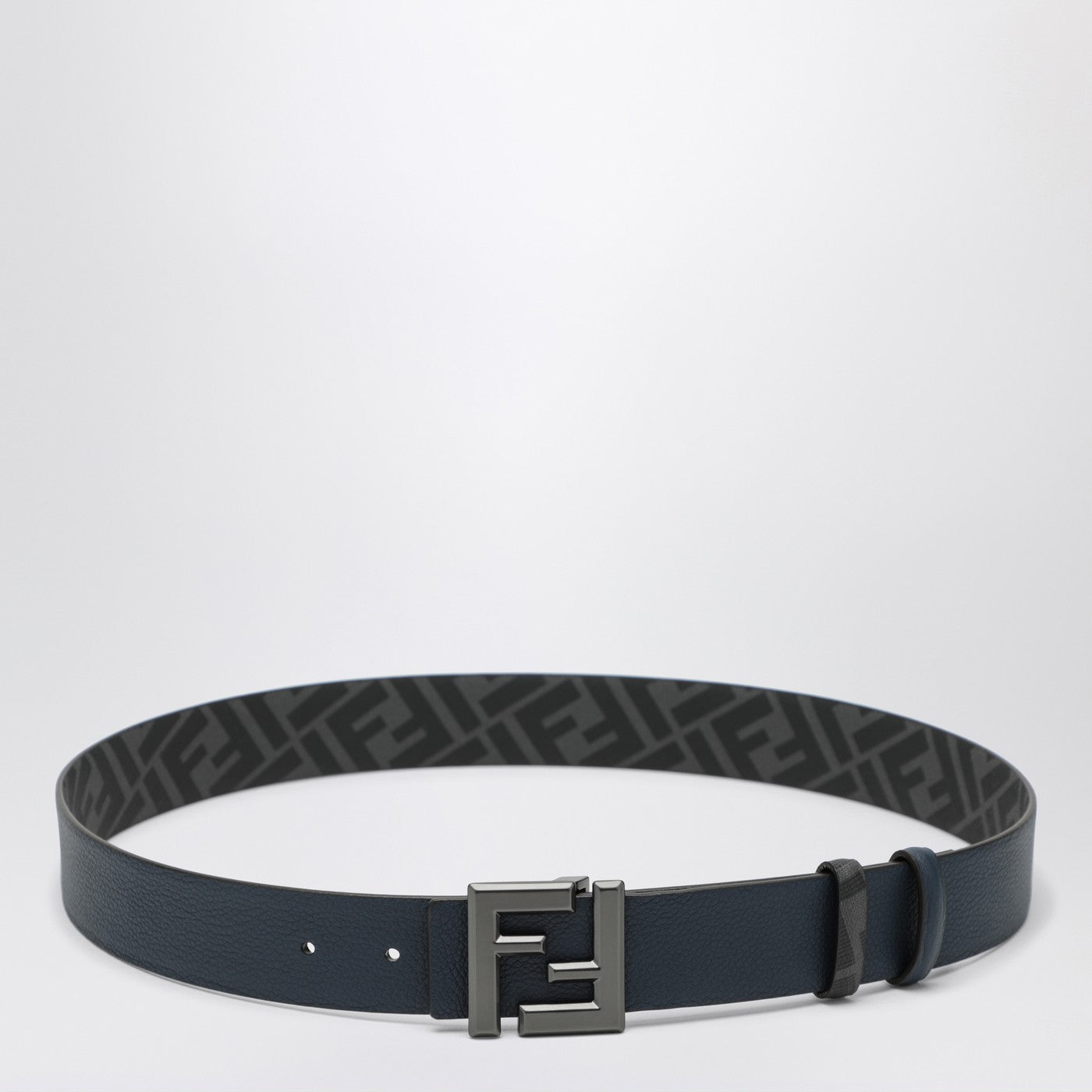 Fendi Dark Blue Leather And Black Ff Canvas Reversible Belt Men FENDI