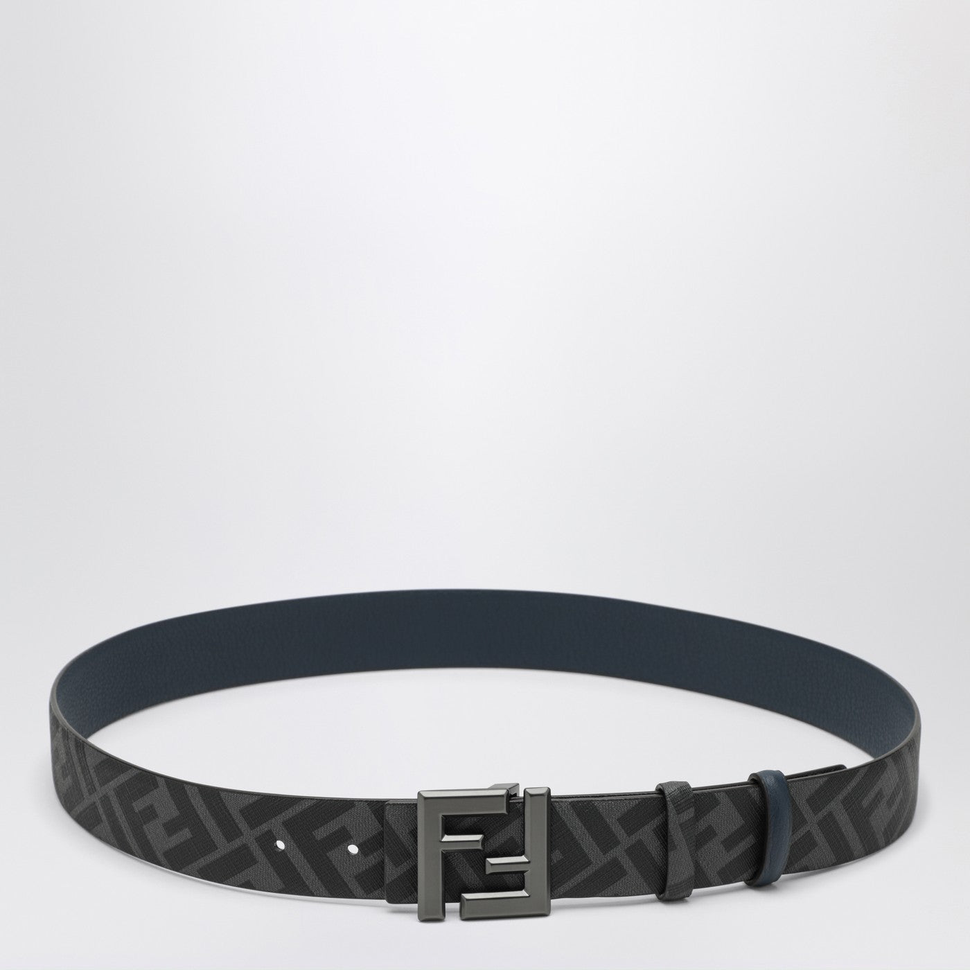 Fendi Dark Blue Leather And Black Ff Canvas Reversible Belt Men FENDI