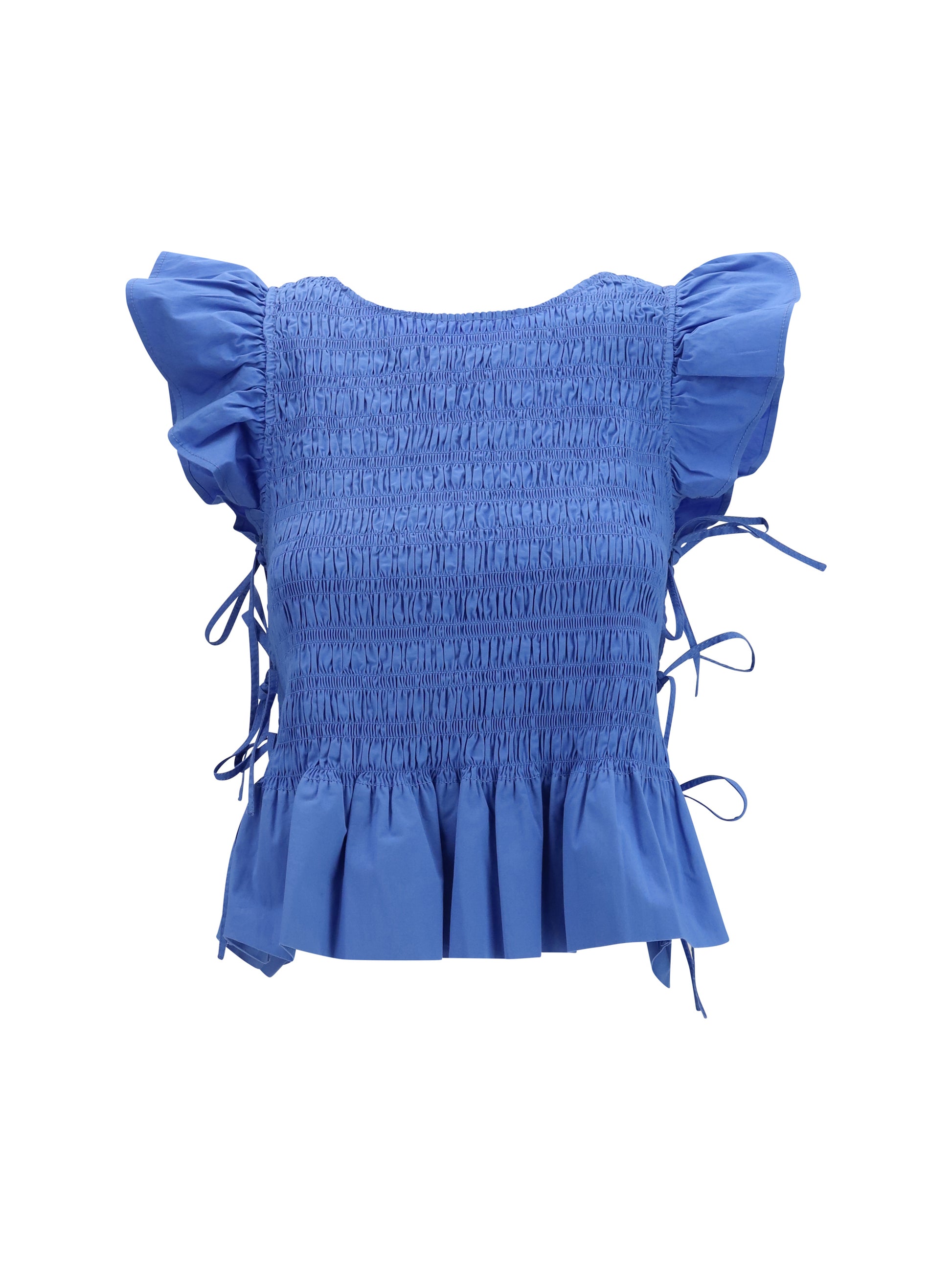 Ganni Women Ruched Cotton Top With Side Bows GANNI