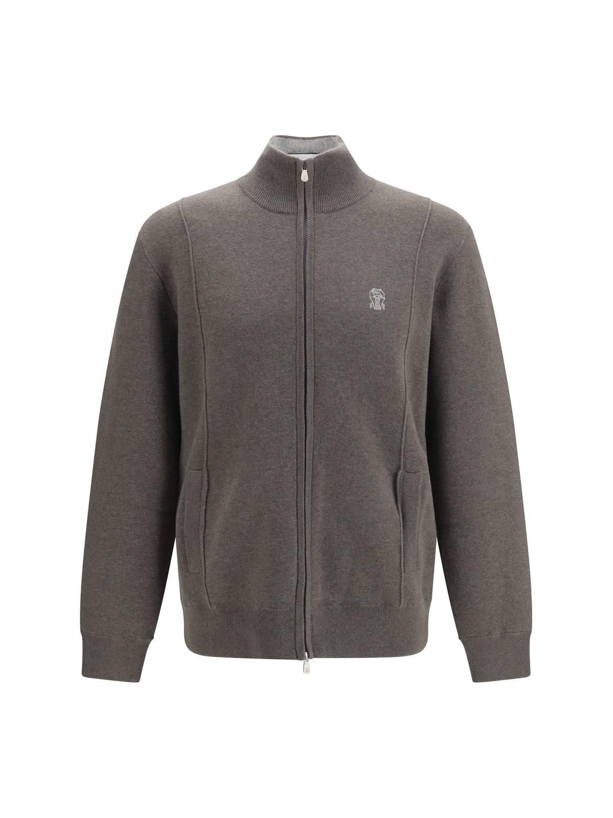 Brunello Cucinelli Men Double Cashmere Cardigan With Zip And Logo BRUNELLO CUCINELLI