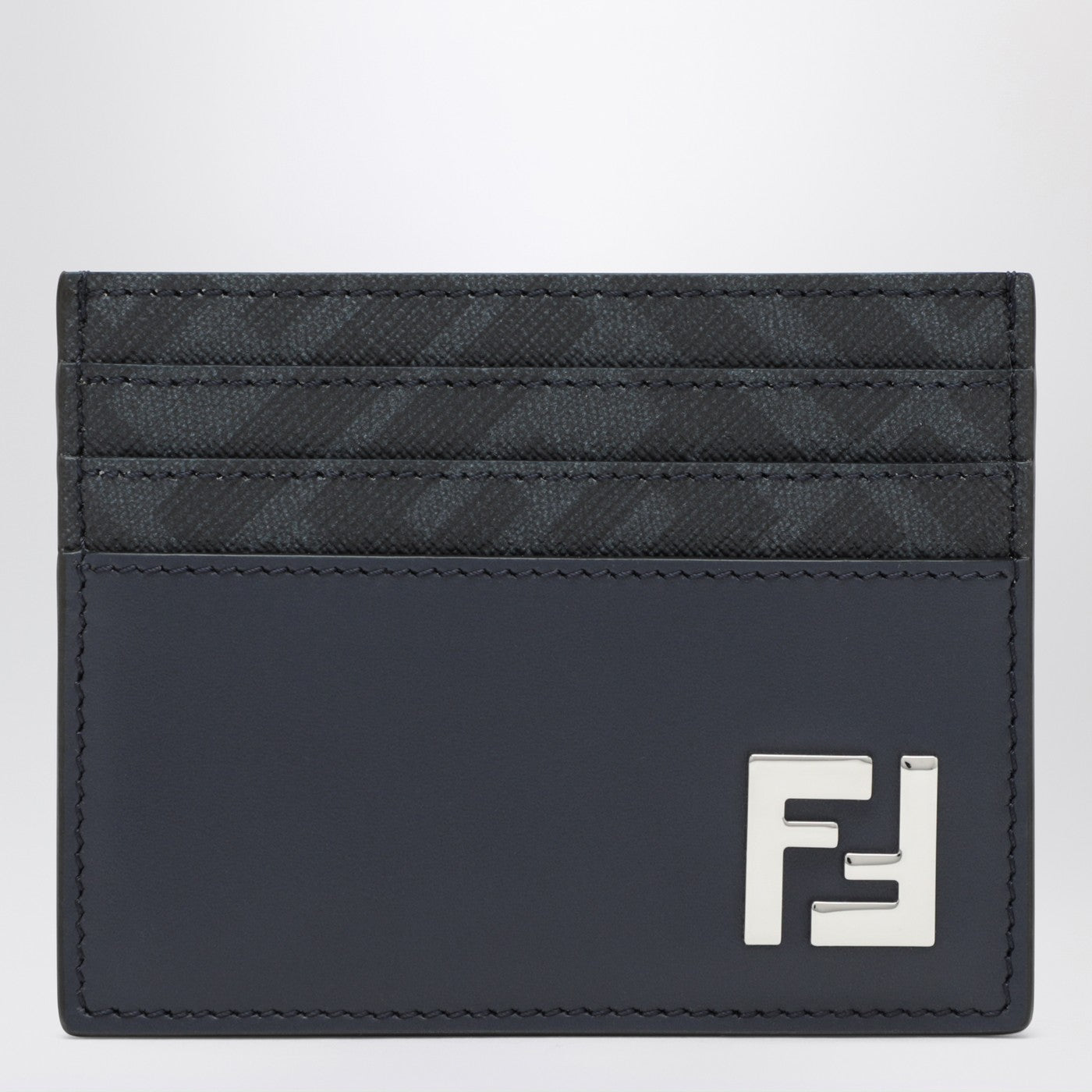 Fendi Dark Blue Leather And Ff Canvas Card Holder Men FENDI