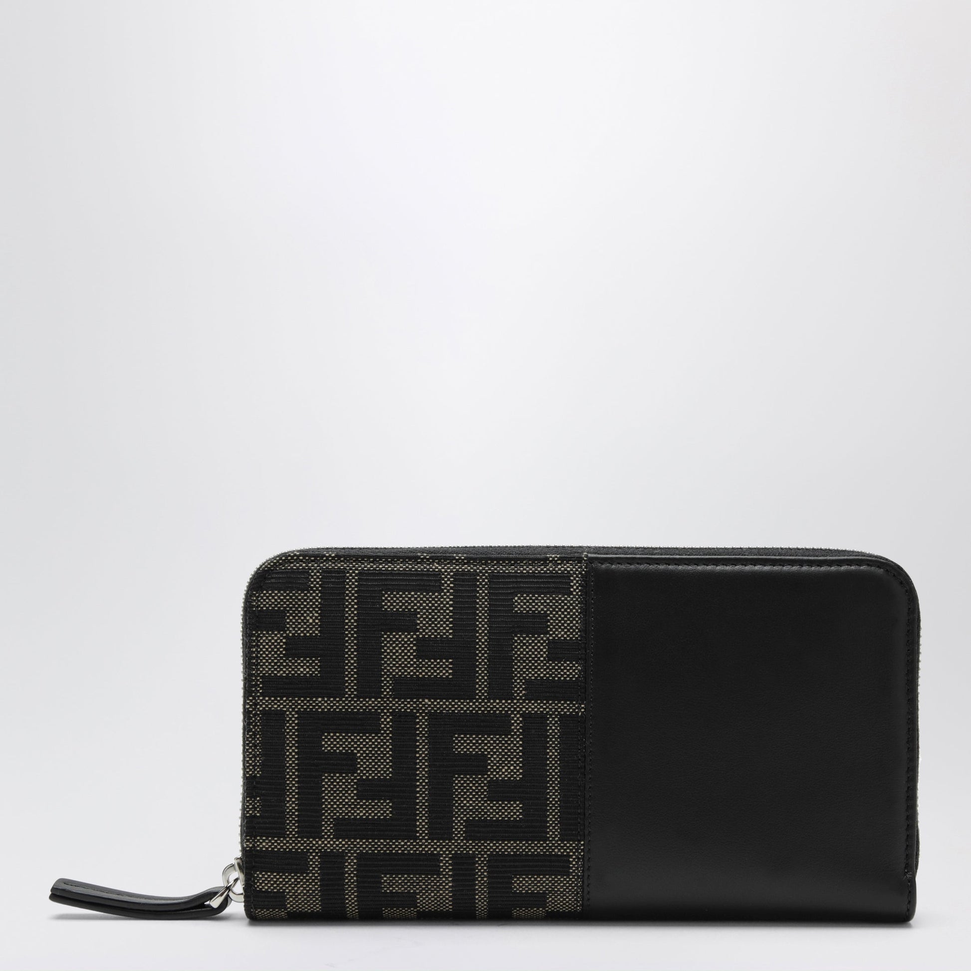 Fendi Black/Tabacco Zip-Around Wallet In Smooth Leather And Jacquard Ff Men FENDI