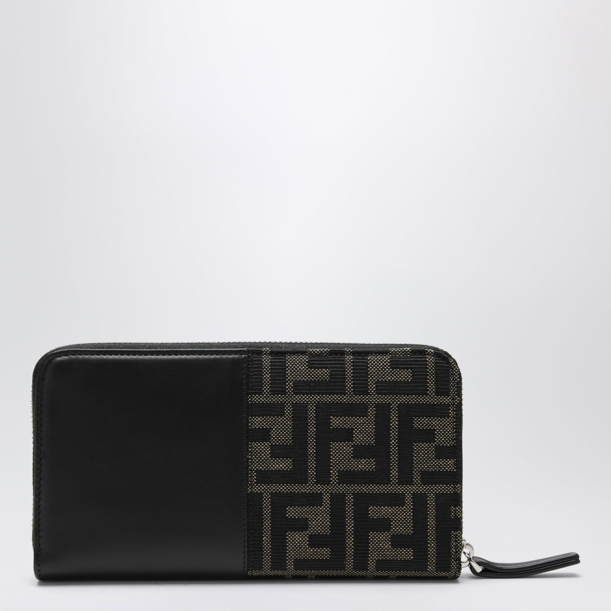 Fendi Black/Tabacco Zip-Around Wallet In Smooth Leather And Jacquard Ff Men FENDI