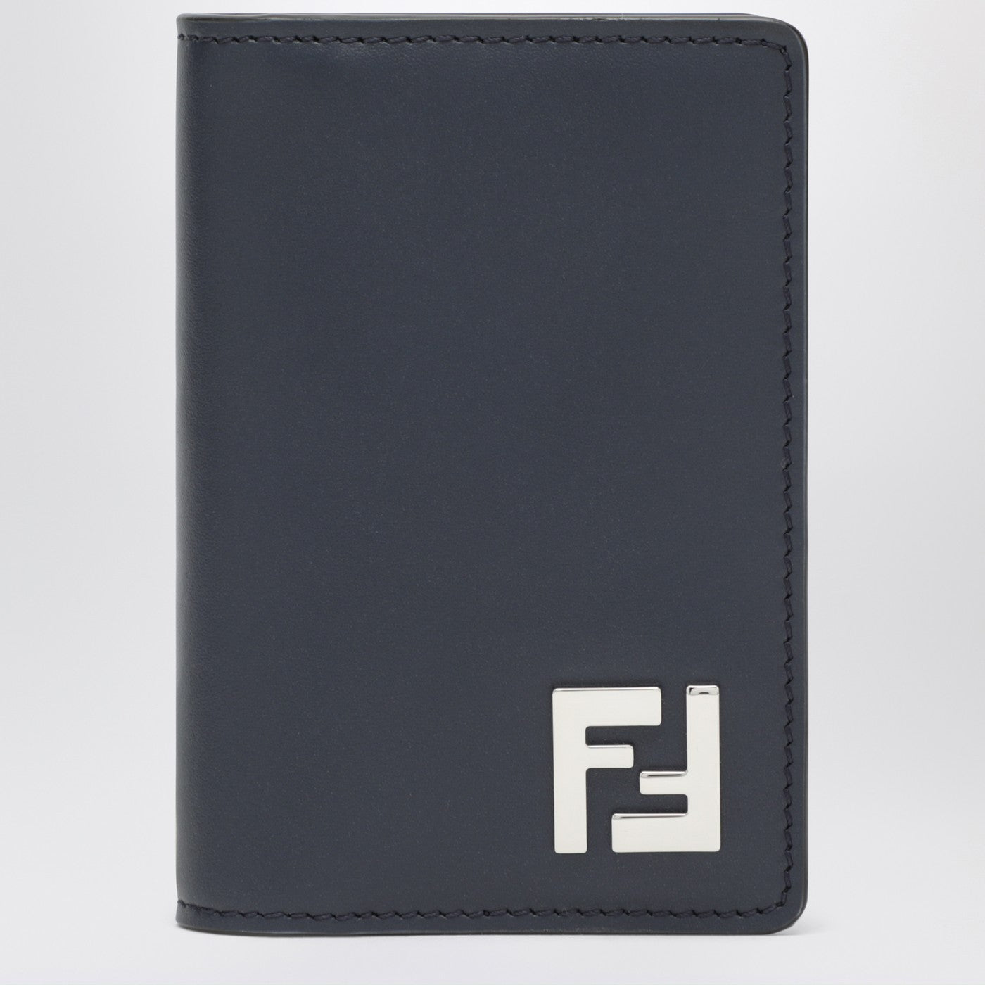 Fendi Dark Blue Leather And Ff Canvas Card Holder Men FENDI