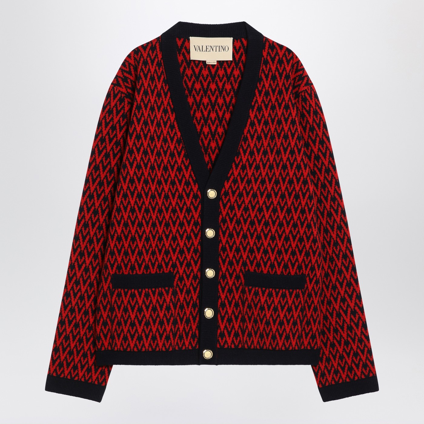 Valentino Jacquard Patterned Cardigan Toute La V Red/Navy Blue Men VALENTINO