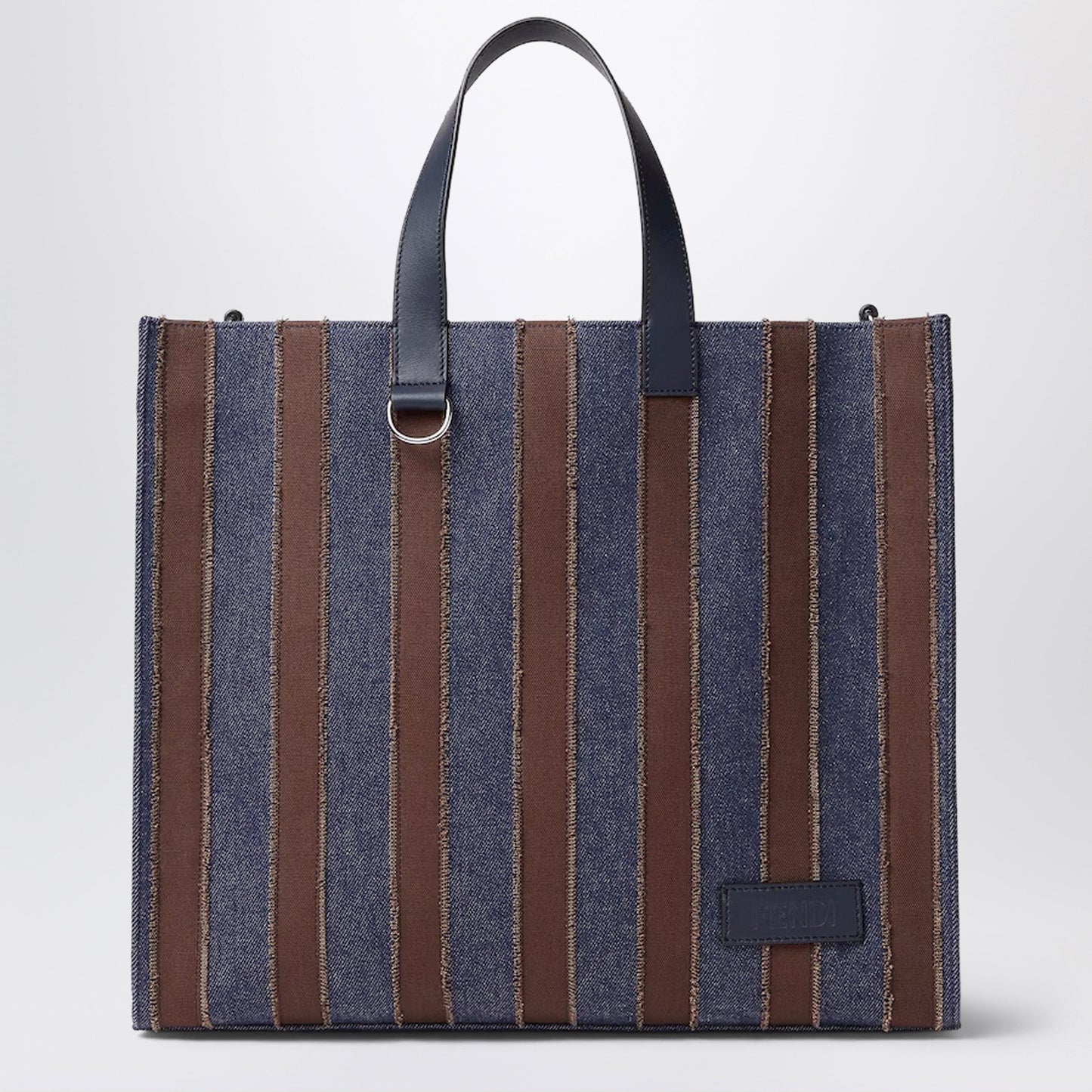 Fendi Pequin Shopper Bag In Dark Blue Denim And Brown Canvas Men FENDI