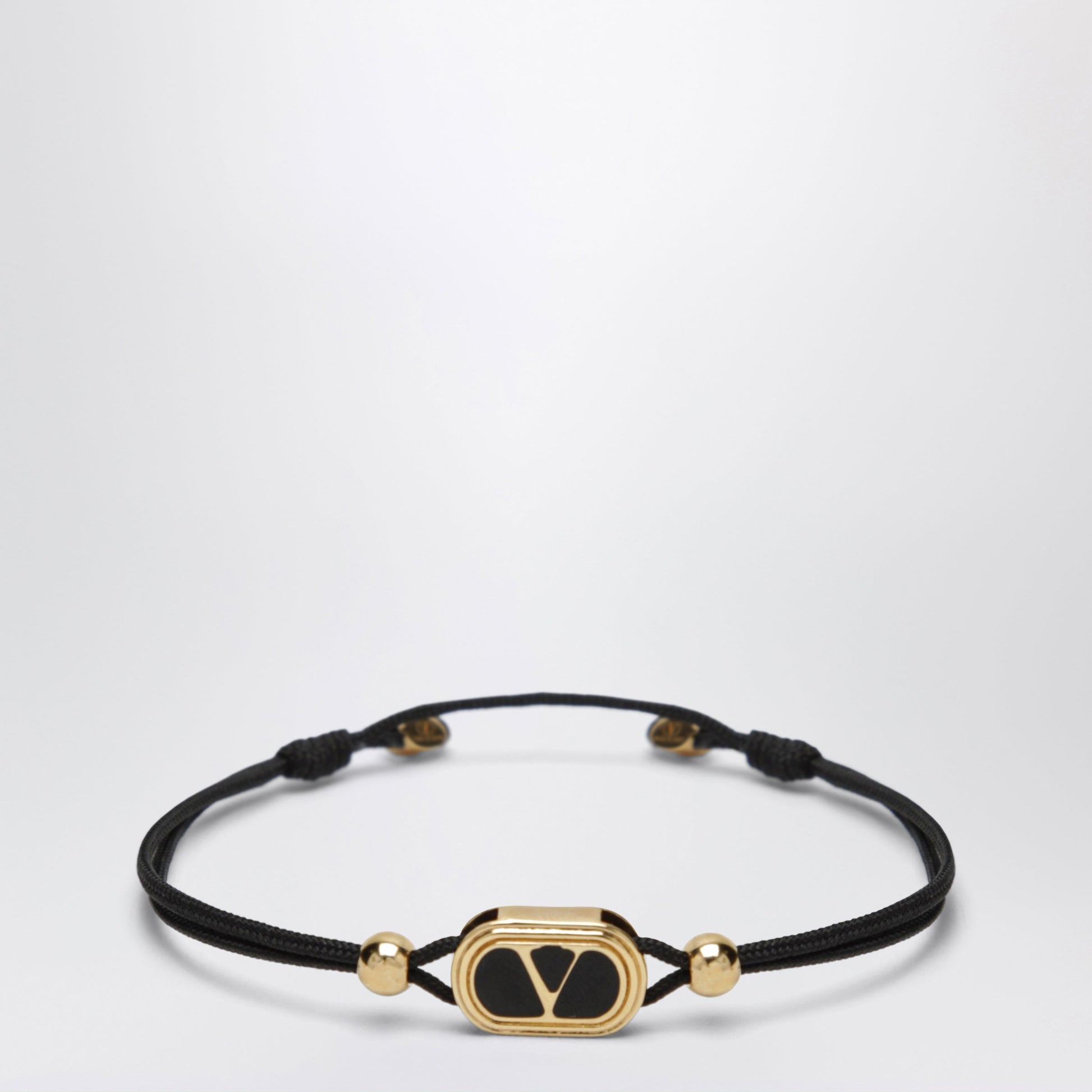 Valentino Garavani Black Cord Bracelet With Enamelled Gold V Logo Men VALENTINO GARAVANI