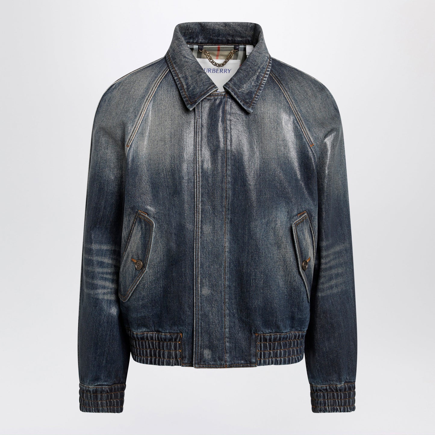 Burberry Coated Denim Aviator Jacket In Mid Blue Men BURBERRY